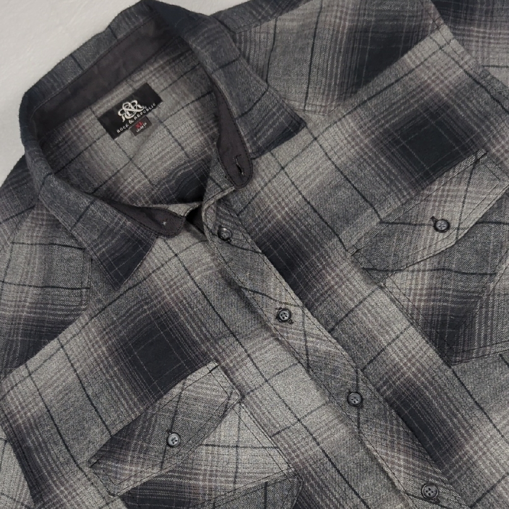 Rock & Republic Black and Gray Cotton‎ Flannel Plaid Long Sleeve Mens Shirt XL